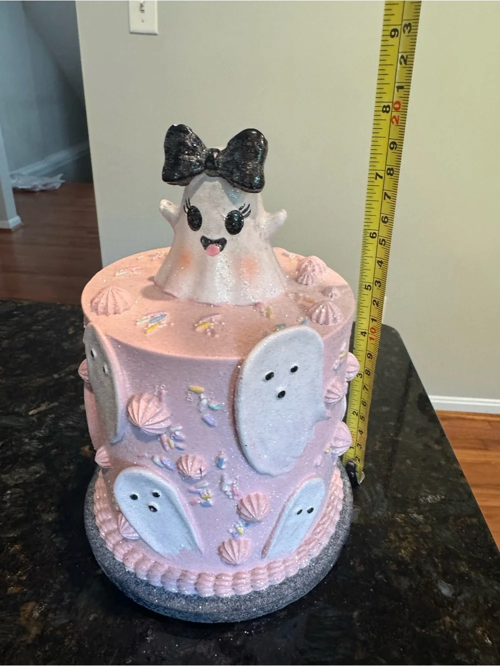 Pink Faux Cake Ghost Girl Topper Halloween Pastel Goth Decor Black Bow NEW 7”
